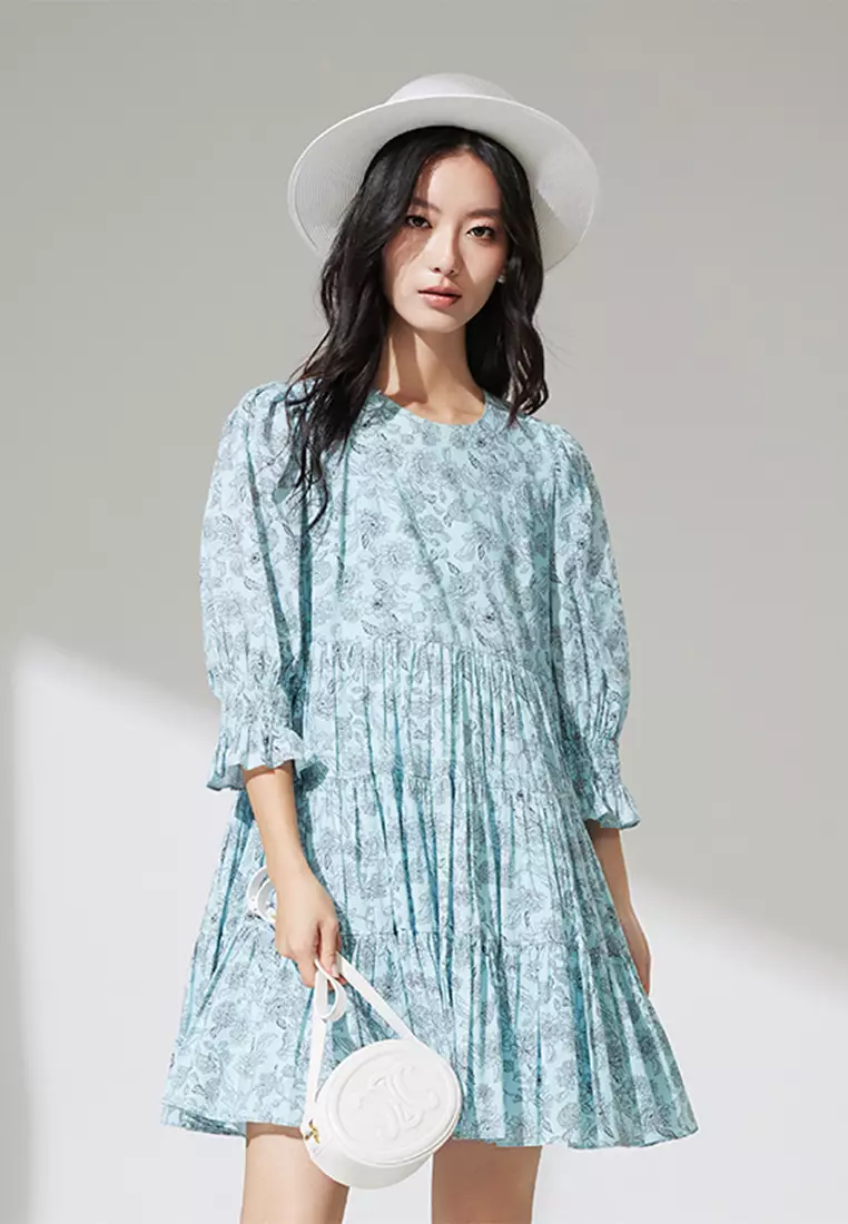 Short Puff Sleeve Tiered Floral Midi Dress