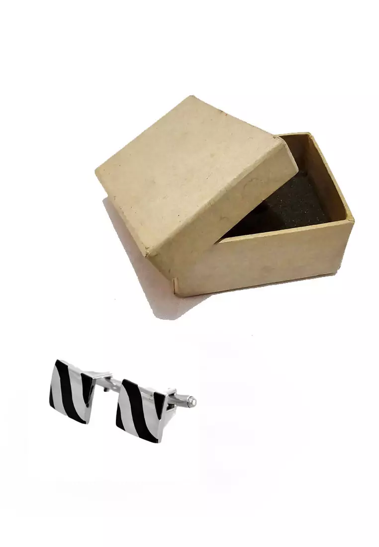 Aksesoris Perhiasan Cufflinks Pria Diagonal Curvey Square Design Silver & Black