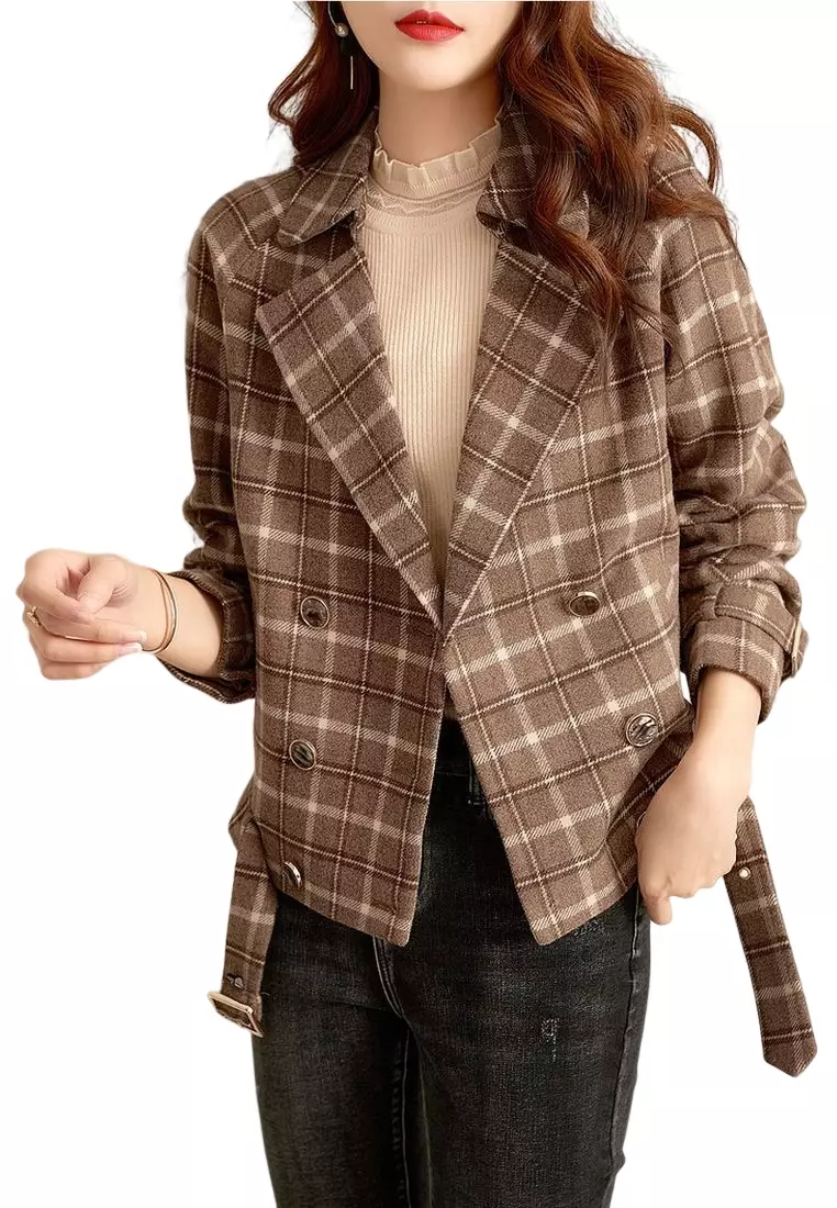 Buy ONX.HK Vintage Check Lapel Woolen Short Coat With Belt 2024