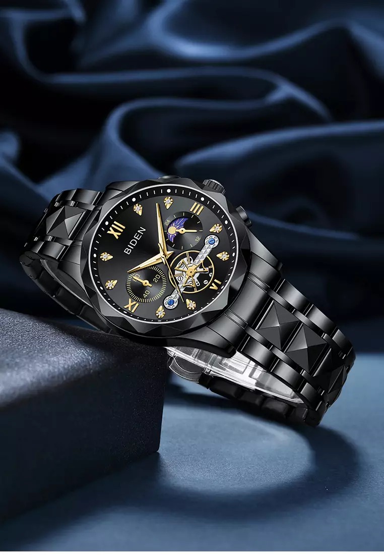 Jam Tangan Pria Multifungsi Mewah Tali Stainless Steel Anti Air Jam Tangan Cowok allblack