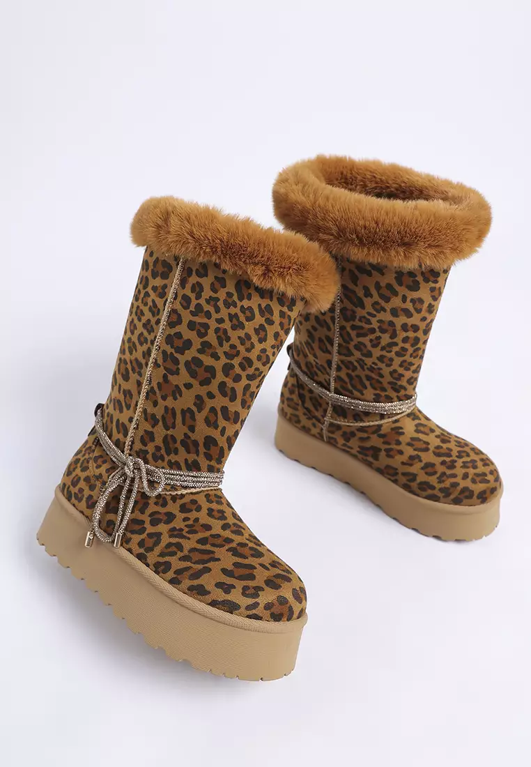 Fur Collar Anti-Skid Snow Boots in Leopard