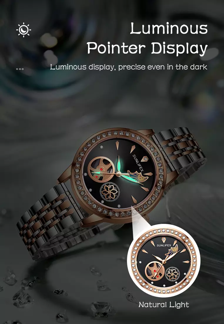 Jam Tangan Wanita E055 Korea Mewah Kuarsa Bercahaya Tali Paduan Jam Tangan Cewek Original black