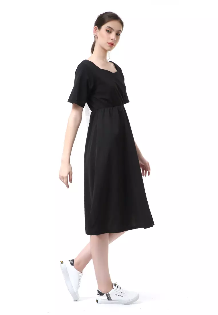 Rachel Long Dress Wanita Lengan Pendek Motif Polos Material Cotton ORIGINAL - Black