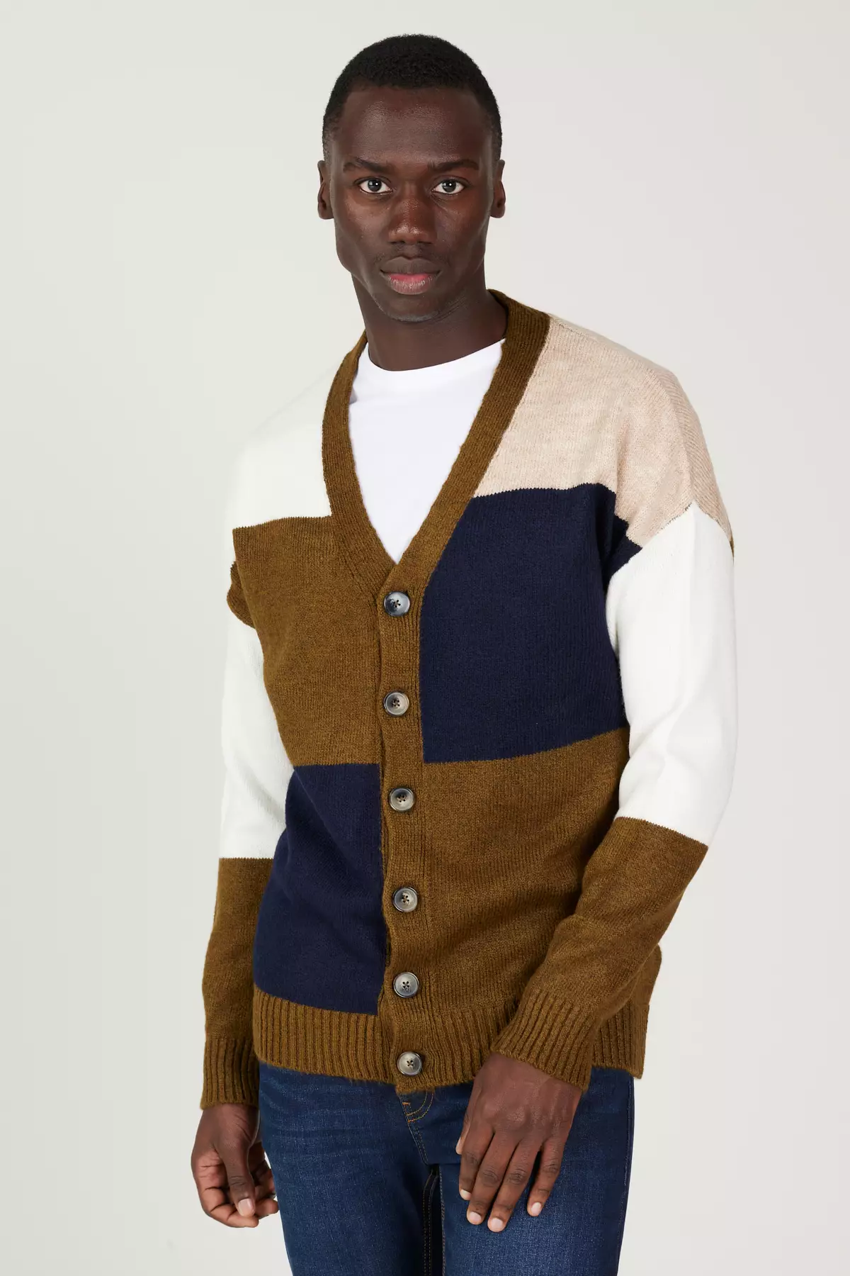 Khaki-Ecru Standard Fit Regular Cut V-Neck Fleece-Lined Soft Textured Knitwear Cardigan