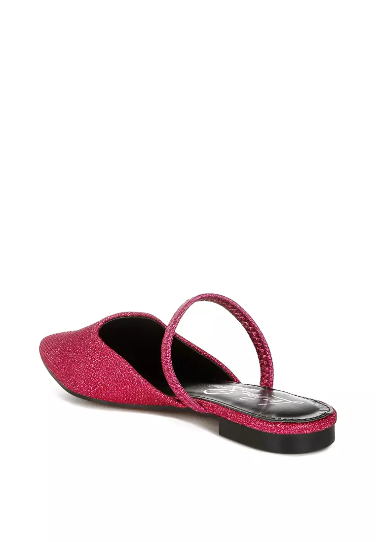Glitter Faux Leather Flat Mules in Fuchsia