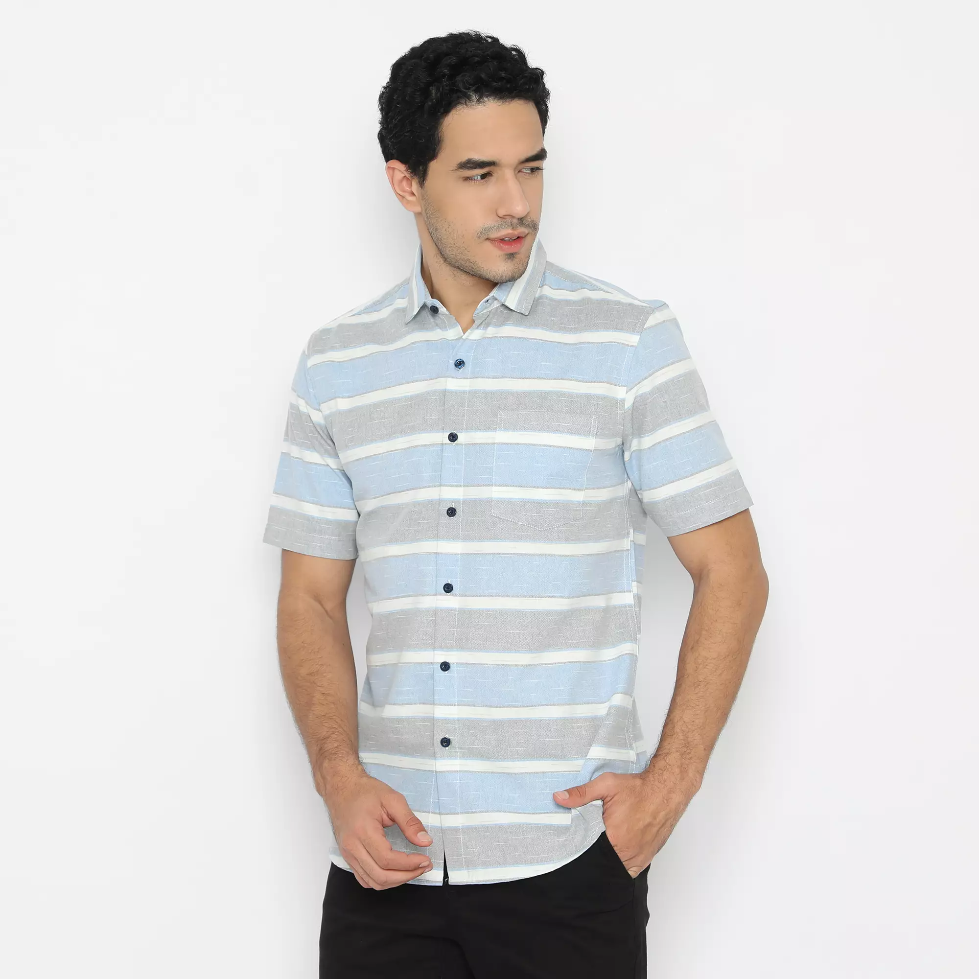 Platini Kemeja Motif Salur Pria Lengan Pendek Katun Biru 73265