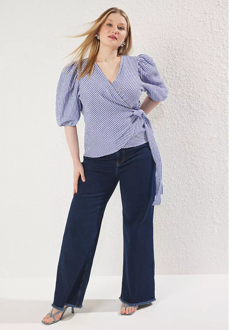 Multicolored Double Breasted Plaid/Checked Seersucker Woven Plus Size Blouse TBBSS25AF00017