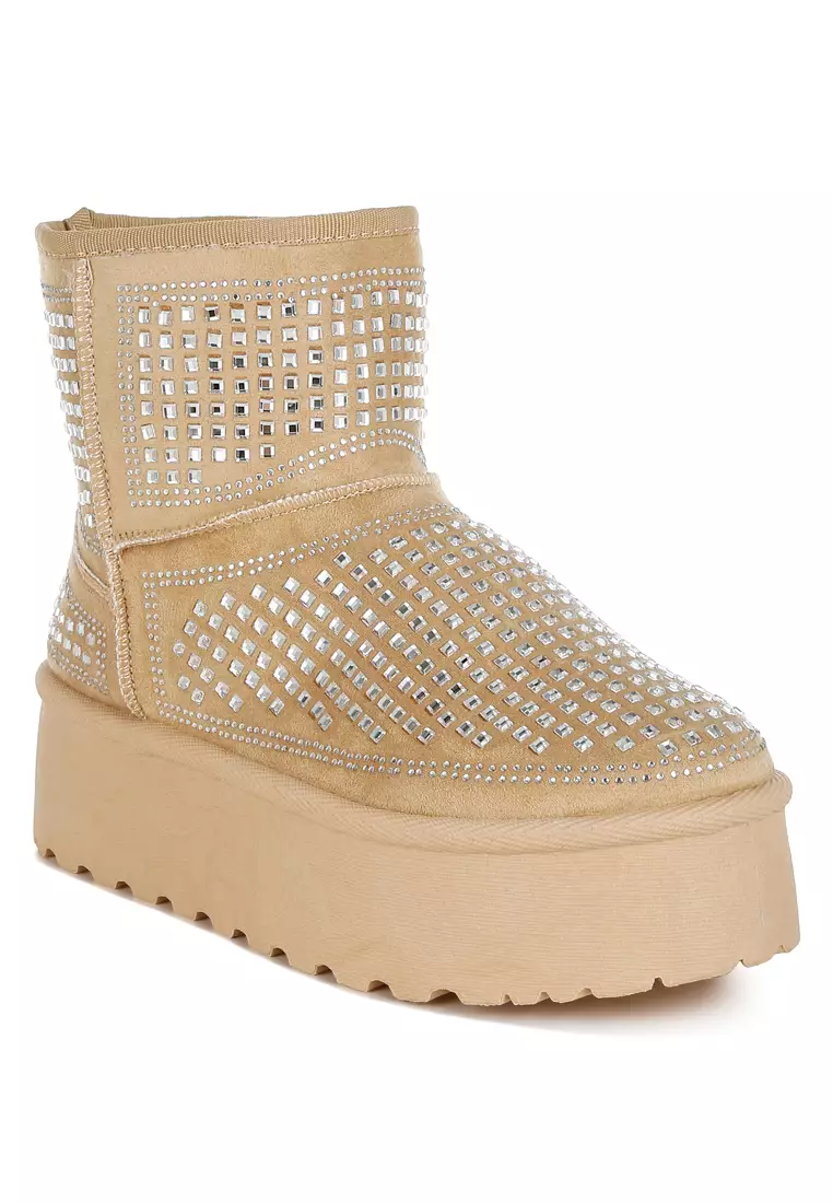 Chunky Rhinestones Ankle Boots in Beige