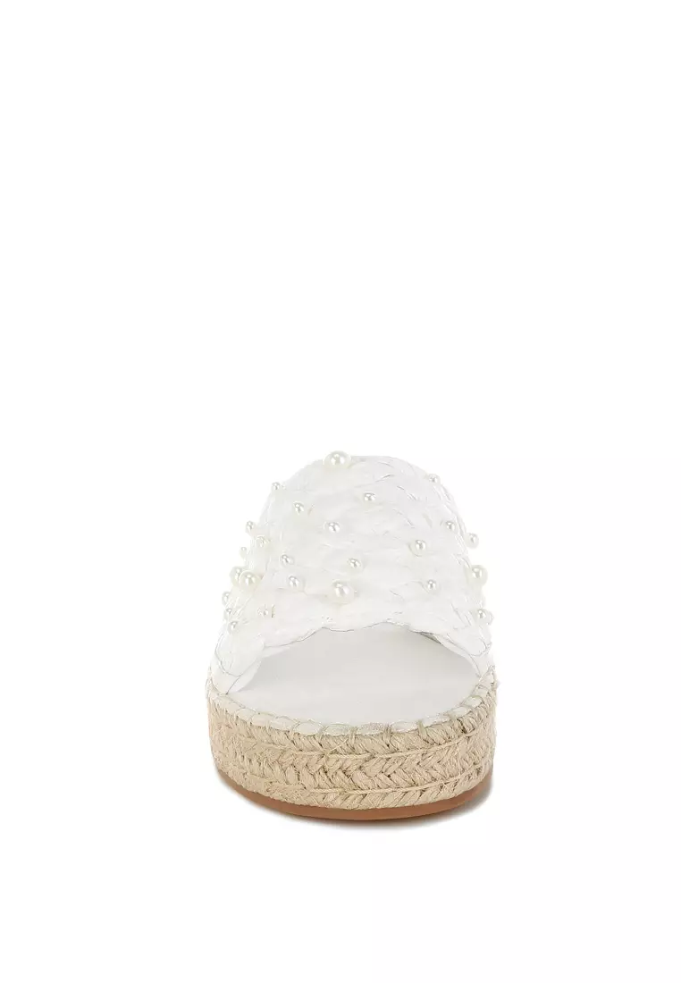 Pearl Embellished Woven Flats In White