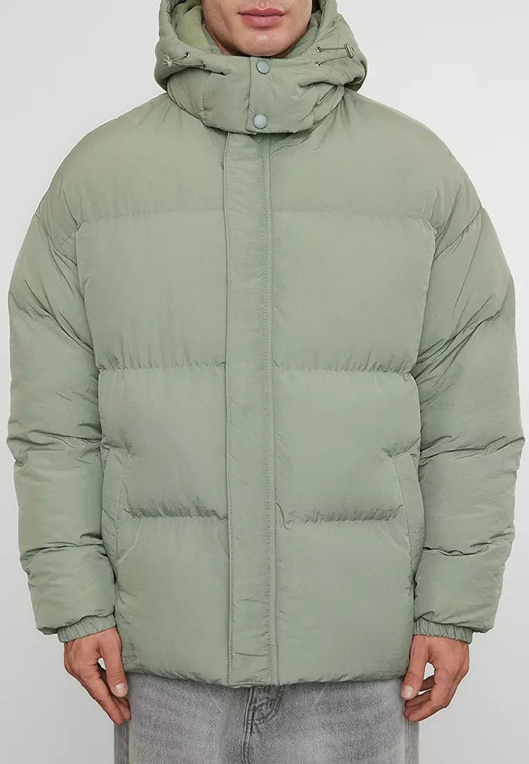 Men's Khaki Oversize Fit Hooded Taslan Winter Puffer Coat TMNAW25MO00005