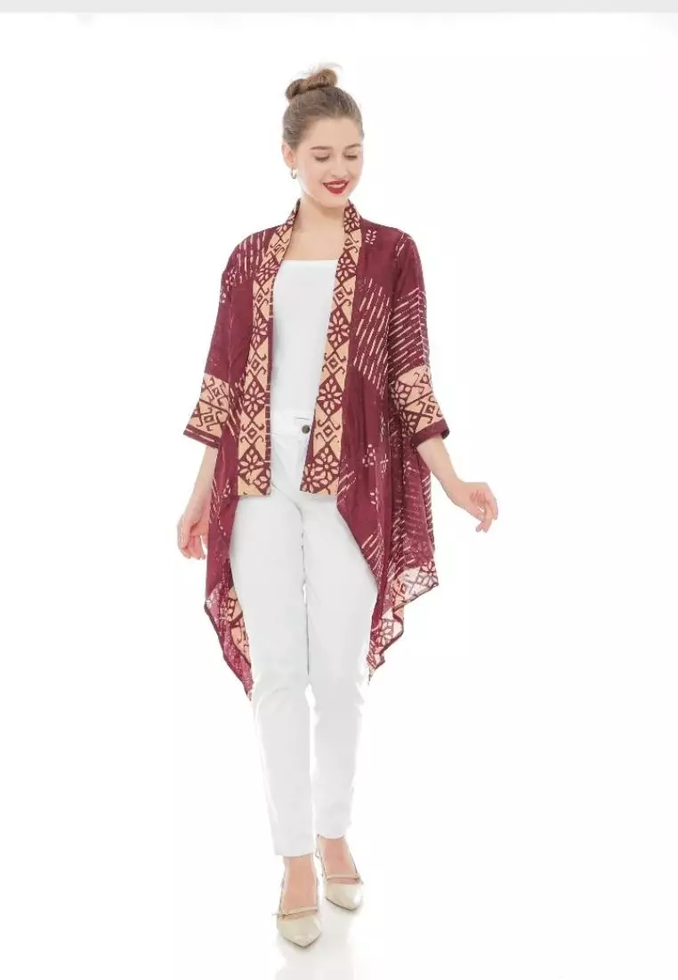 Rinjanie Batik - Bolero Ayam - Bolero Asimetris Red Wine - Outer Batik Modern - Outer Batik Wanita - Outer batik kekinian - Batik Cap Mix - JMWN - RW