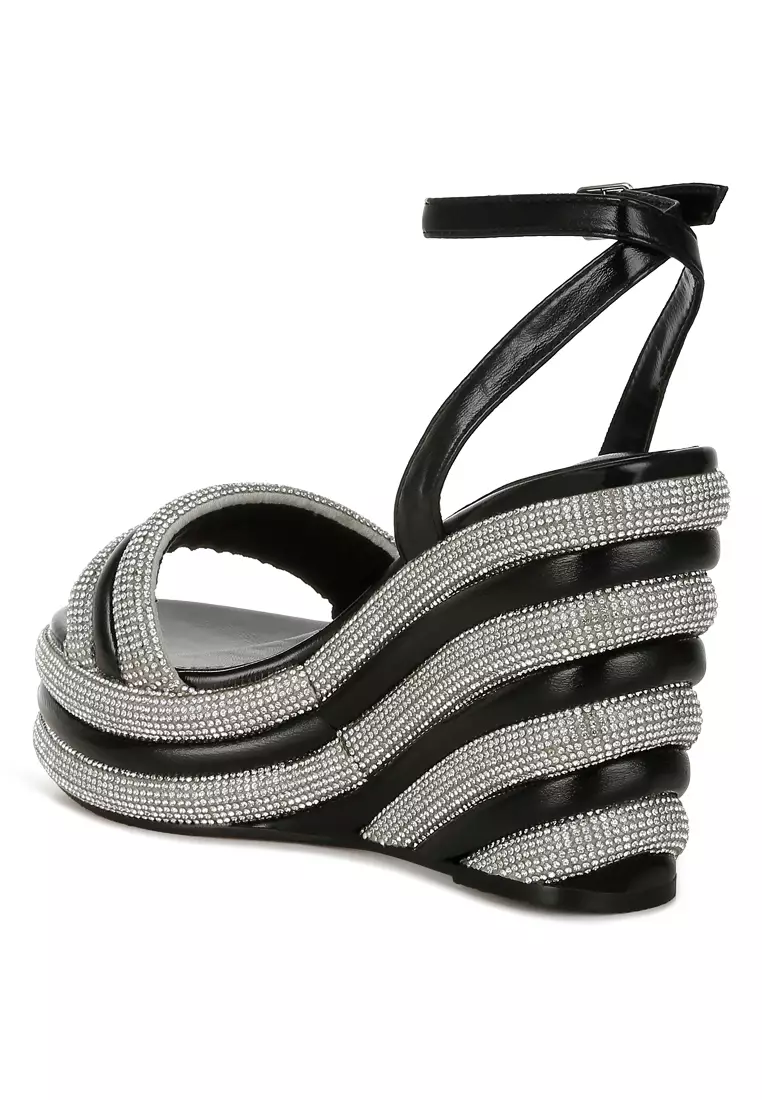 Black Rhinestone Studded Wedge Sandals