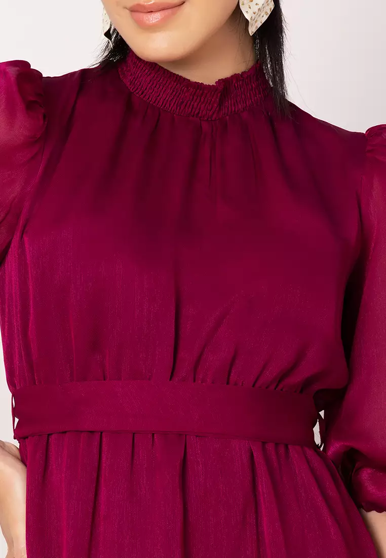 Purple High Neck Dress With Belt