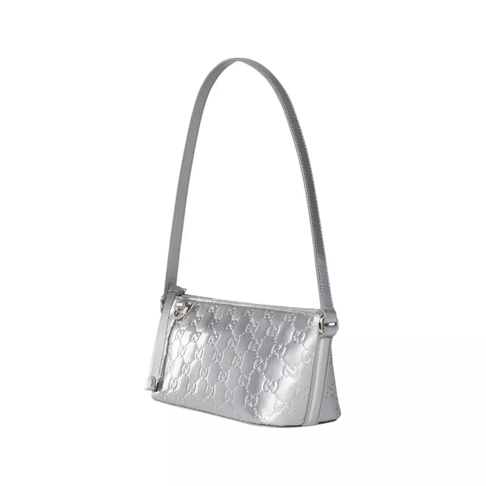 GG Emblem Small with D Ring Shoulder Bag Leather Silver