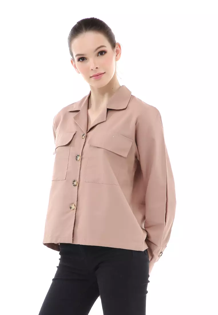 Brielle Atasan Wanita Kemeja Pocket Plain Motive Lengan Panjang Material Linen ORIGINAL - Brown