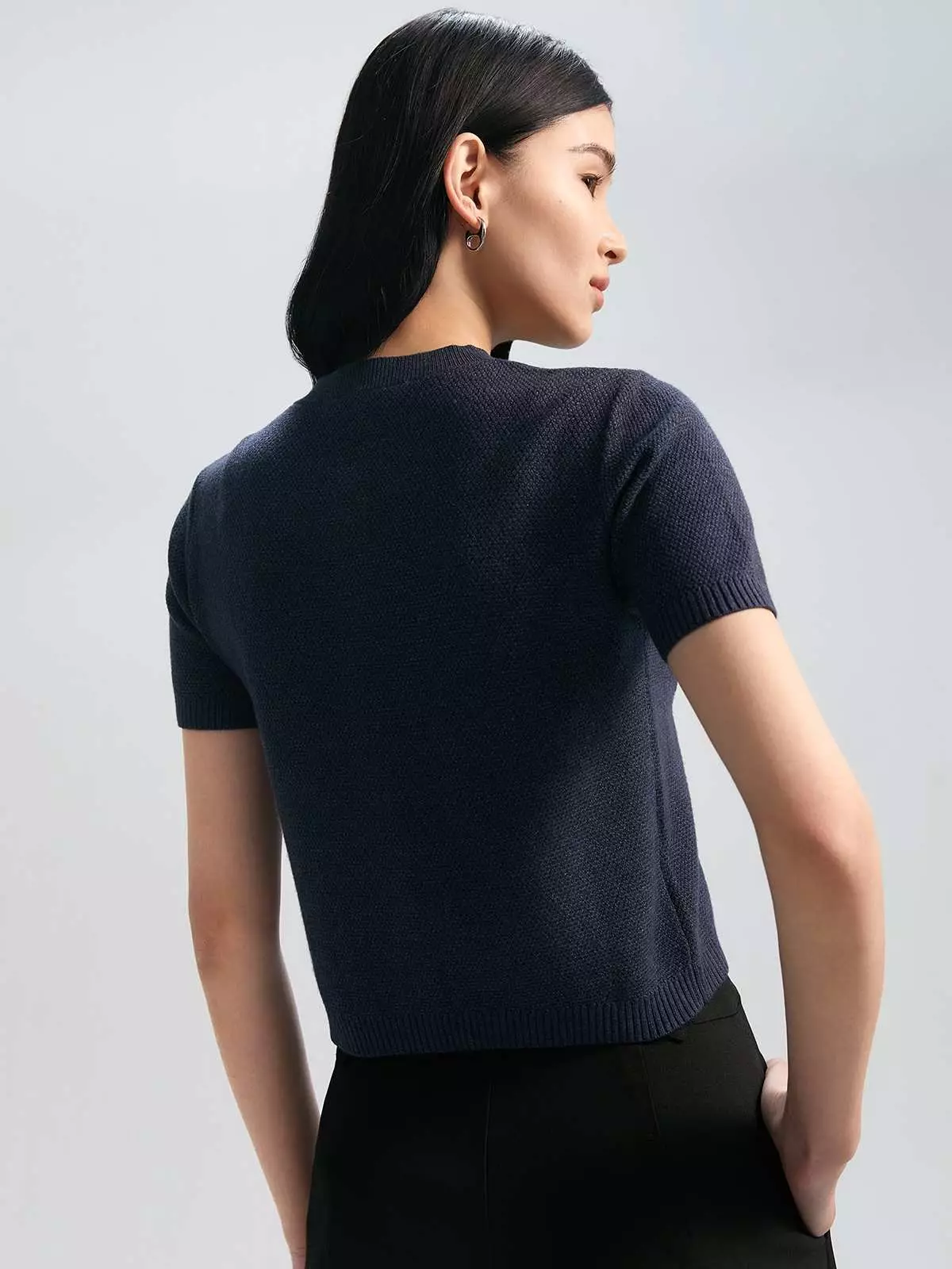 Gold Button Detail Short-Sleeve Cardigan - Dark Blue