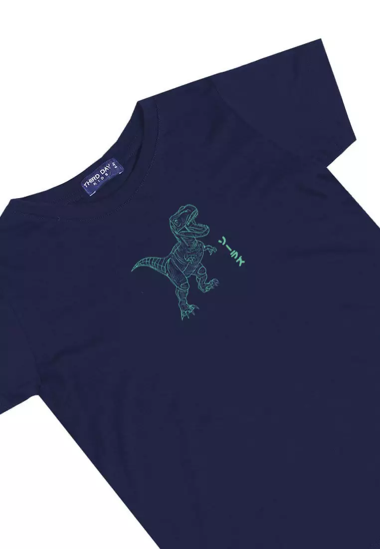 KU053 Kaos Anak Boy Girl neon trex navy