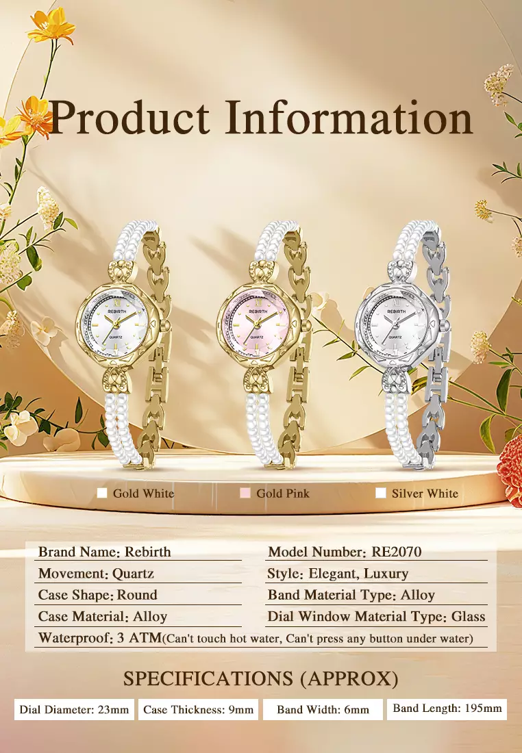 Jam Tangan Wanita Tali Mutiara Alloy Anti Air Quartz Elegan Warna gold white