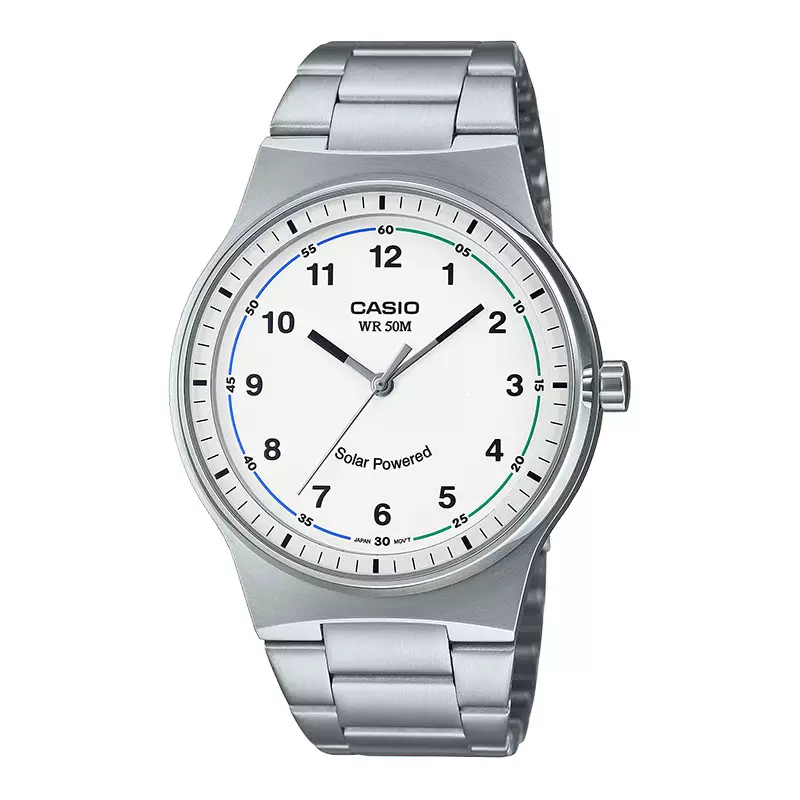 Jam Tangan Pria Casio General MTP-RS105D-7BVDF Solar Powered White Dial Stainless Steel Band