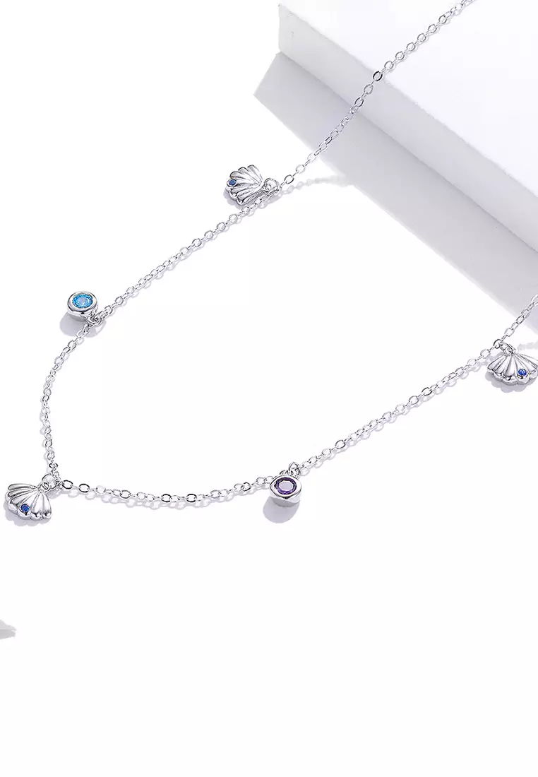 Solid 925 Sterling Silver Cubic Zirconia Multicolour Crystals and Seashells Necklace