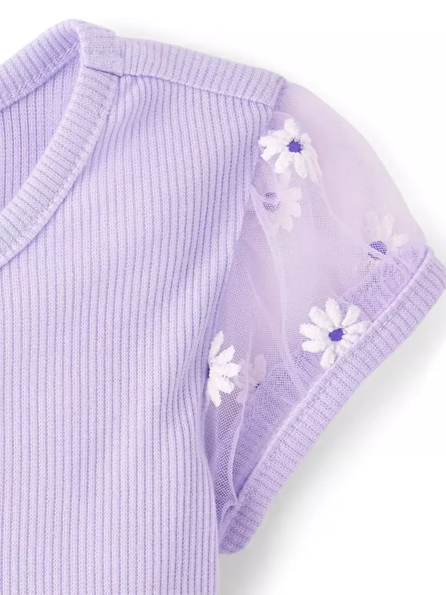 Toddler Girls 3D Daisy Mesh Fit And Flare Dress - Baju Bayi Perempuan (Ungu)