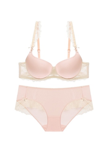 ZITIQUE pink Women's  3/4 Cup Glossy Lace Lingerie Set (Bra And Underwear) - Pink FA916USB2B4333GS_1