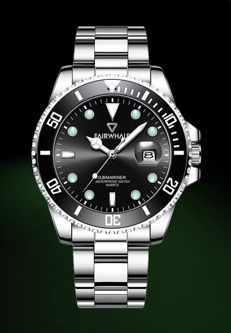 Unisex Stainless Steel Quartz Diver Watch, Black Dial, 40mm, Stainless Steel Bracelet