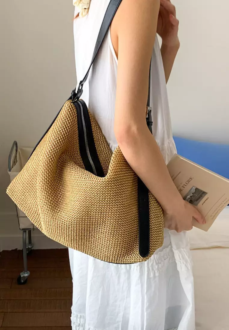 Straw Tote Bag Retro Casual Beach Shoulder Bag CA26042828BK