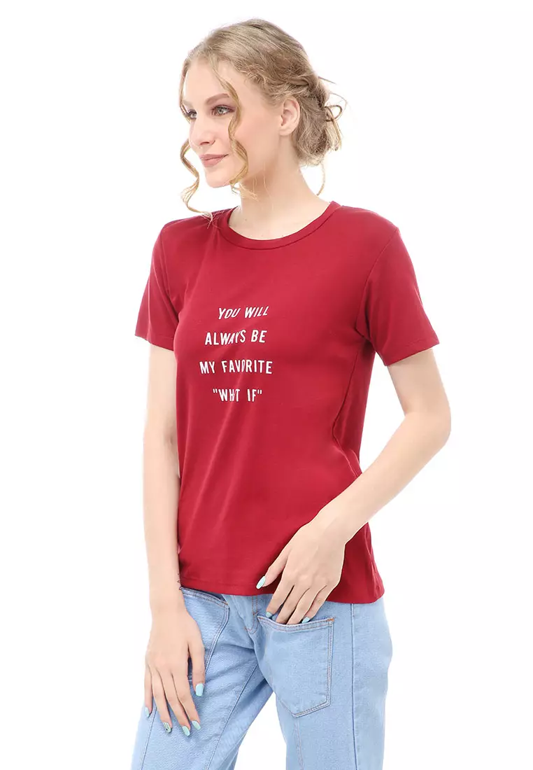 Genevie Kaos Kasual Wanita Lengan Pendek You Will Be Material Cotton ORIGINAL - Maroon
