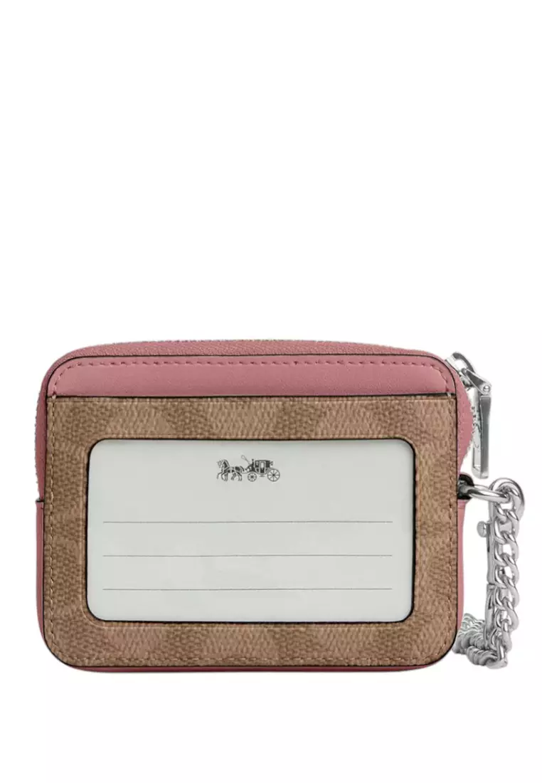 Zip Card Case In Signature Canvas - Tan/Dusty Pink
