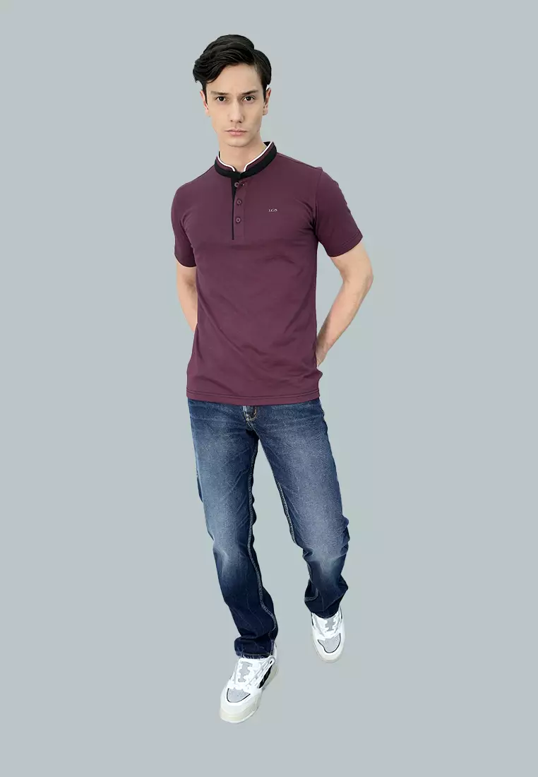 LGS - Kaos T Shirt Henley Casual Pria -  Kerah Sanghai Warna Maroon Slim Fit Motif Polos - JPS.321.C3228F.01.C