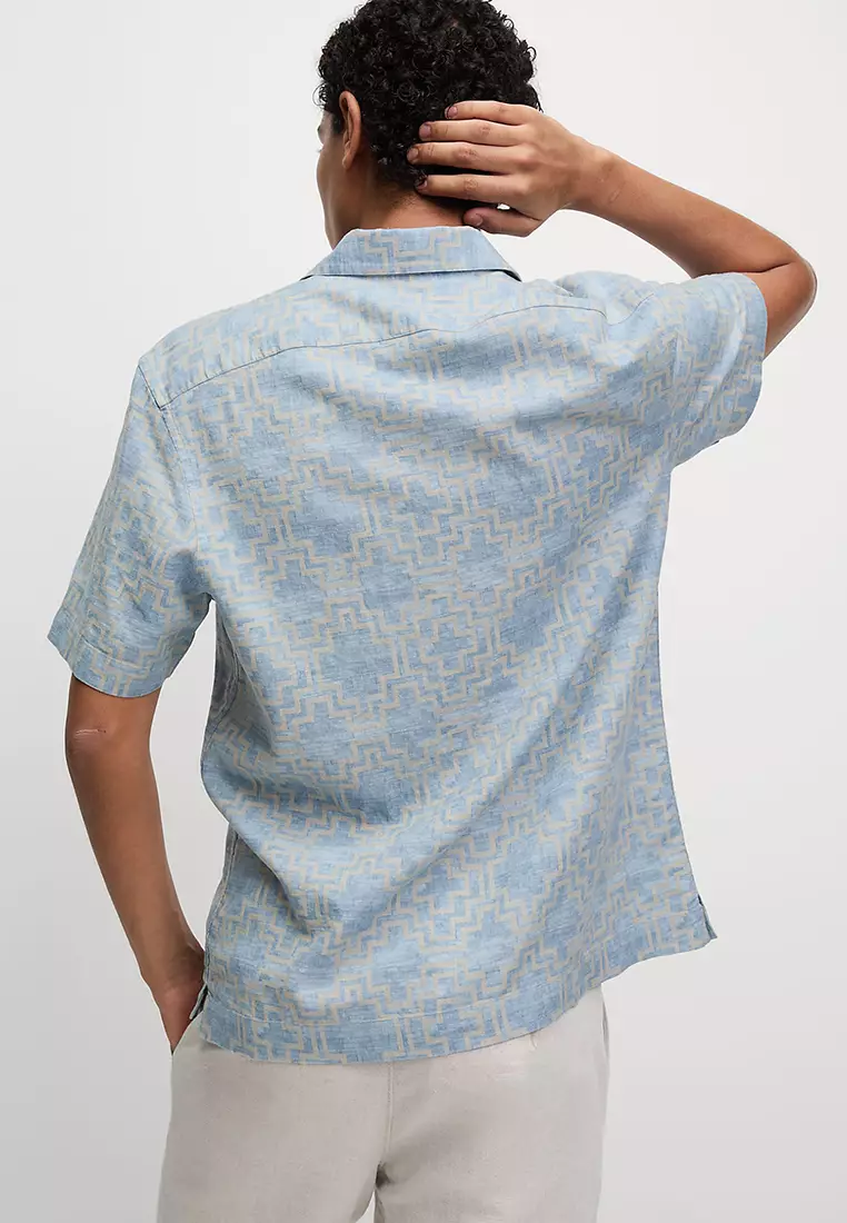 Linen Blend Geometric Print Short Sleeve Shirt