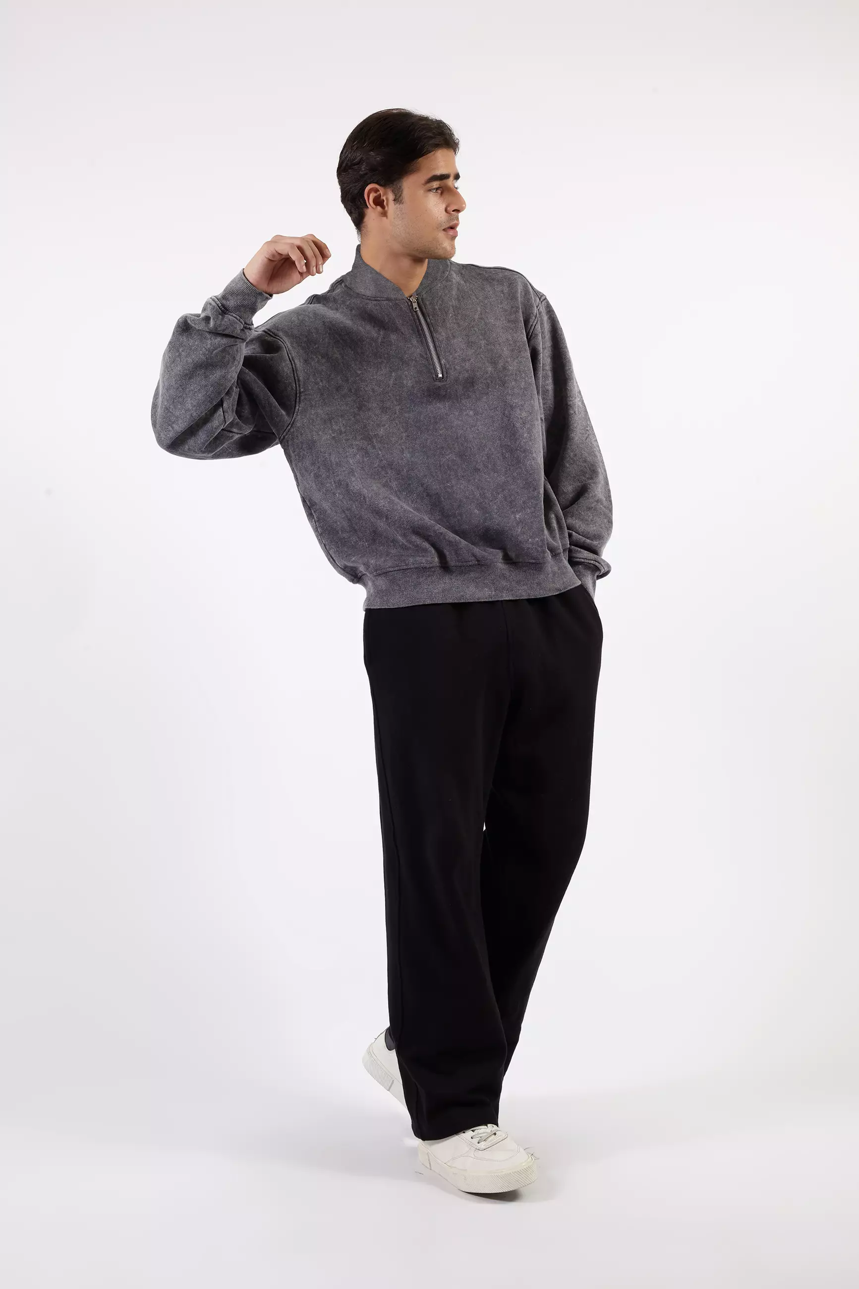 VEDECI SIGMA HALF ZIP GREY WASHED OVERSIZED PULLOVER CROP SWEATER