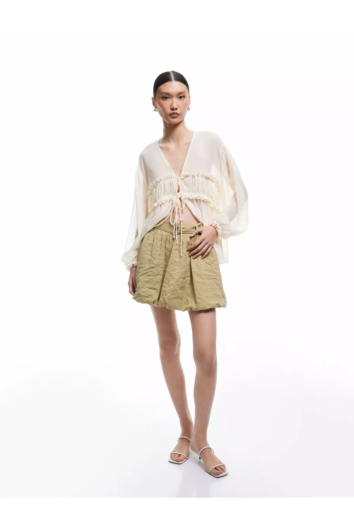 有內襯莫代爾布料迷你燈籠裙連腰帶