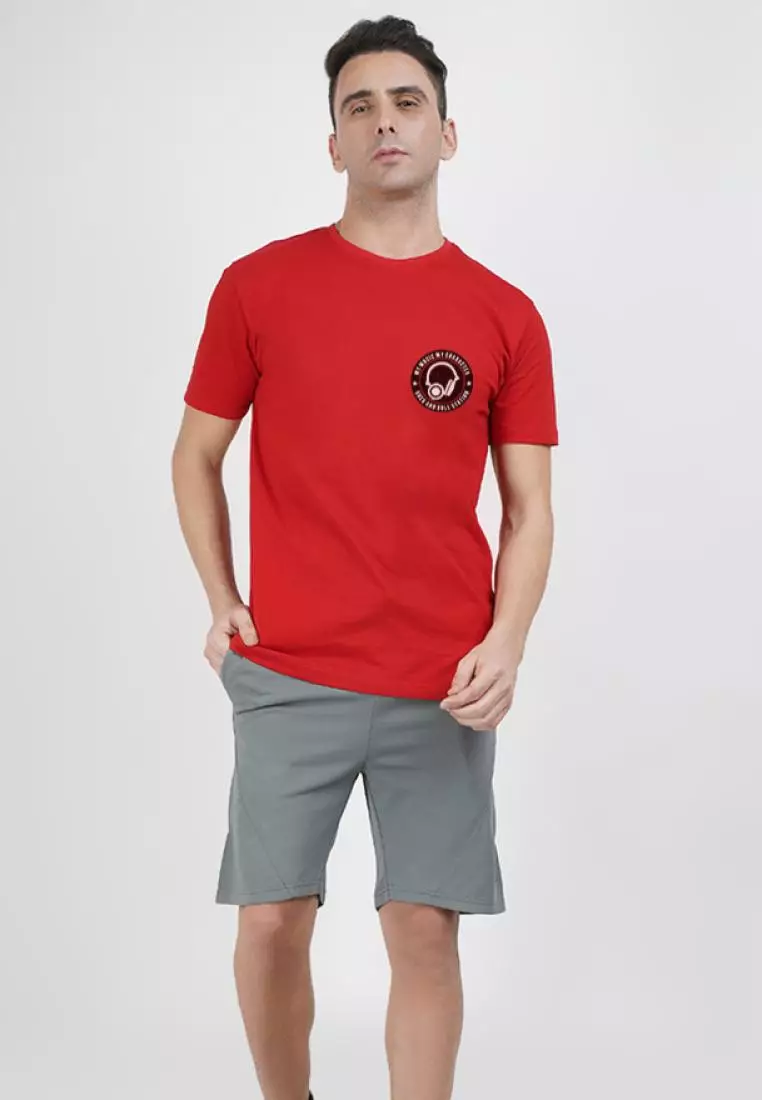 音乐印花图案红色棉质短袖圆领休闲 T 恤