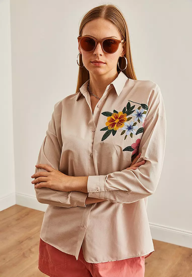 Embroidery Detailed Oversize Woven Shirt