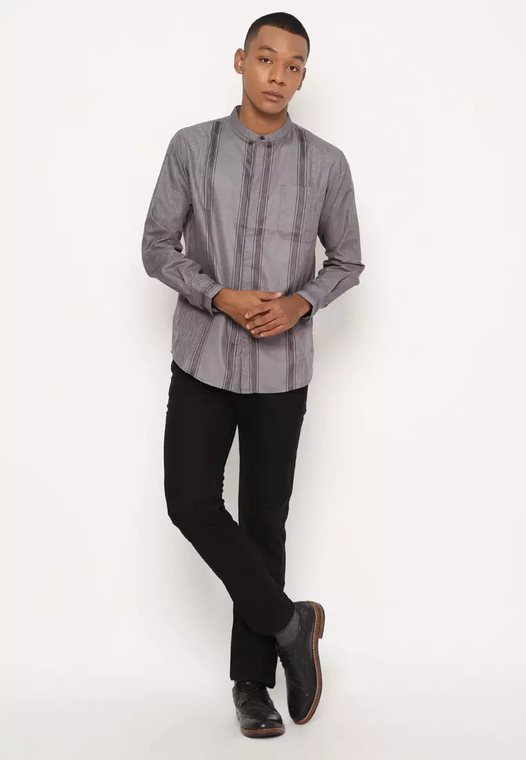 RBJ Kemeja Koko Border Abu Regular Fit Lengan Panjang Pria