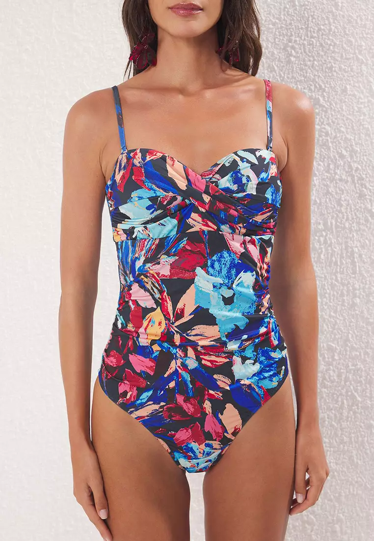 Floral Patterned Strapless Draped Regular Swimsuit TBESS25MA00088