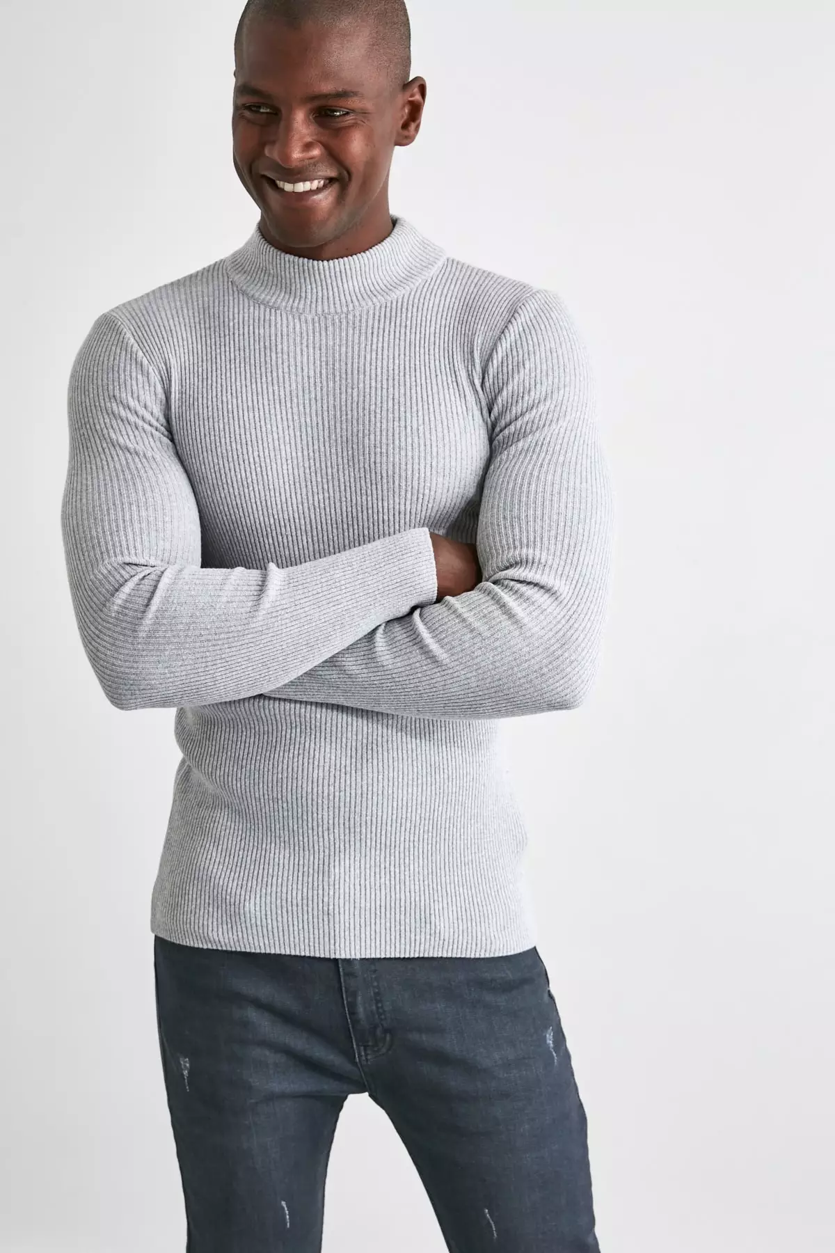 Gray Fitted Cotton Half Turtleneck Plain Knitwear Sweater Tmnaw21Kz0568
