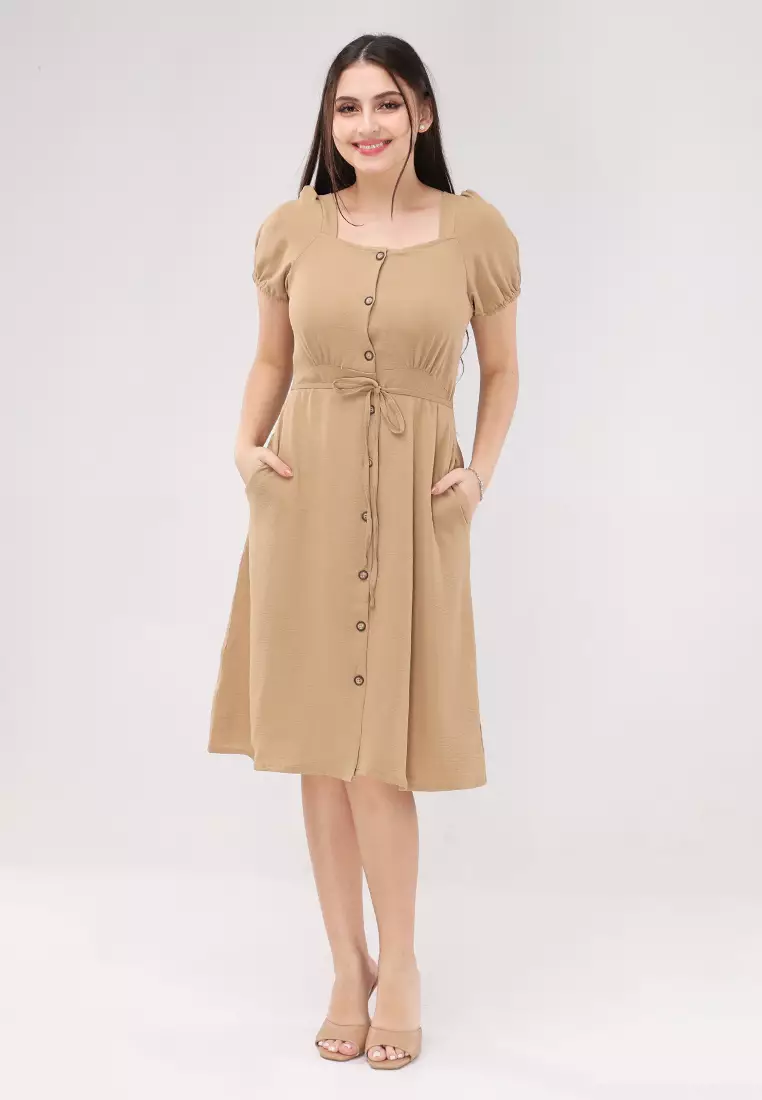 Wrinkled Linen Woven Short Sleeves Dress