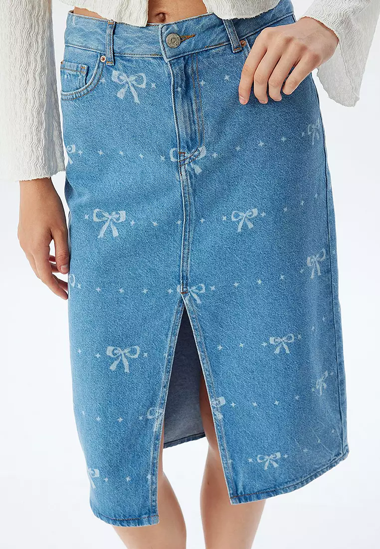 Midi Denim Skirt High Waist Slit Detail Bow Pattern Buttoned