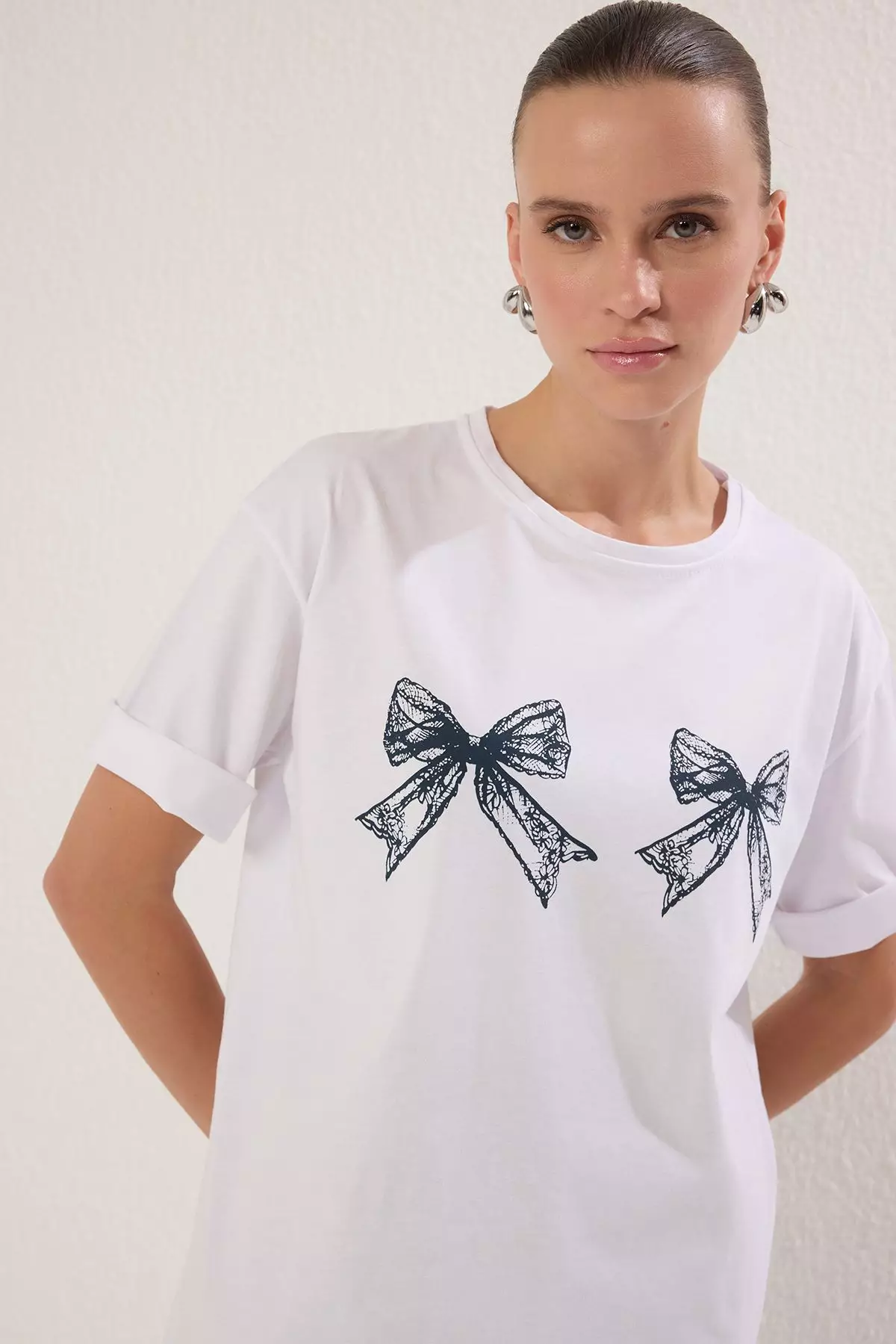 Buy Trendyol Ecru 100% Cotton Ribbon Printed Oversize/Wide