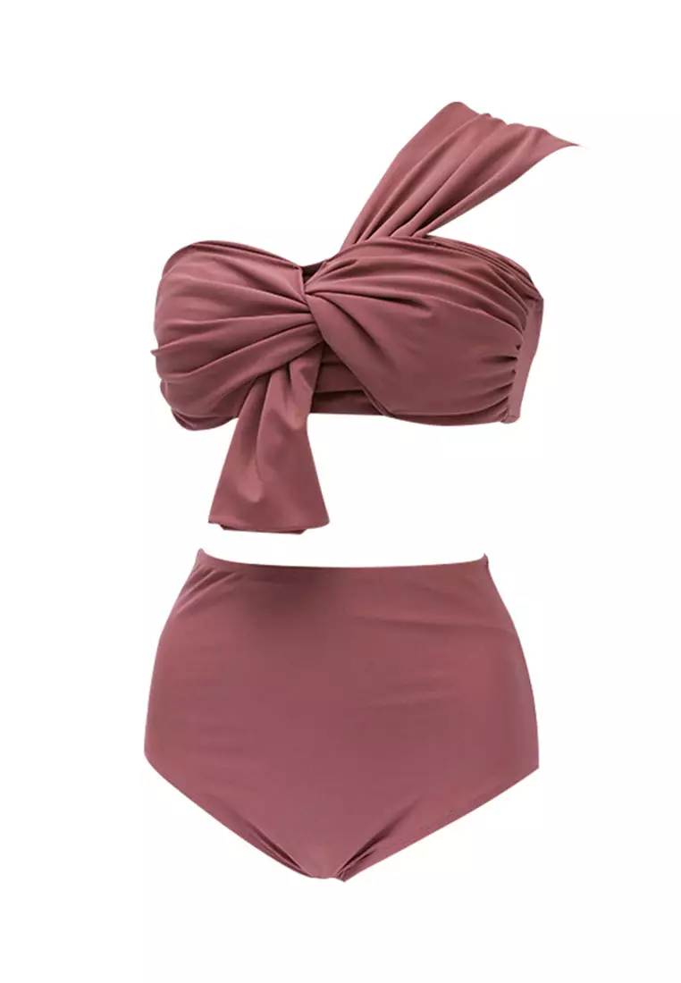 Slant Shoulder Split High Waist Two Piece Swimsuit CA071701RD