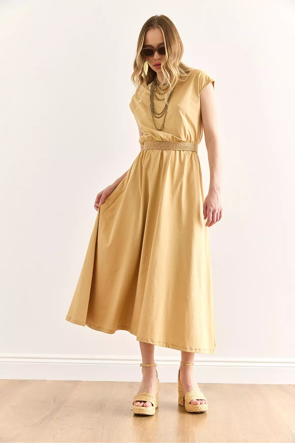Women's Beige Elastic Waist Bat Combed Cotton Dress Elb-19001509