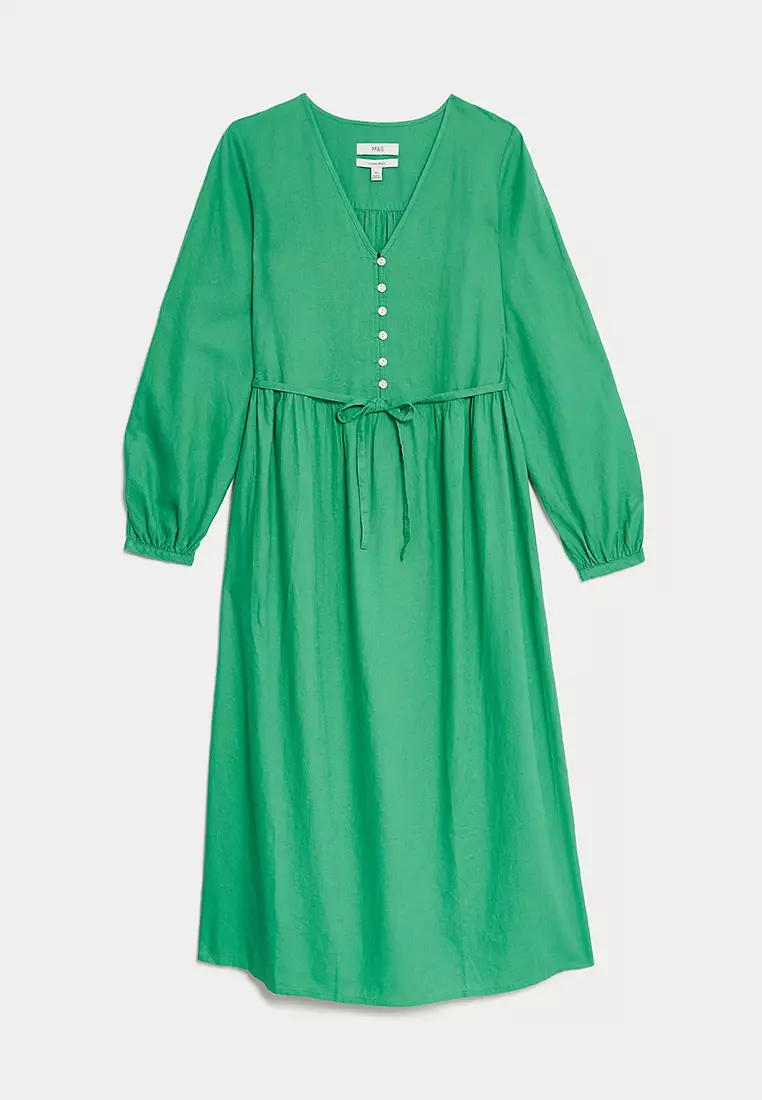 Linen Rich V-Neck Midi Shift Dress