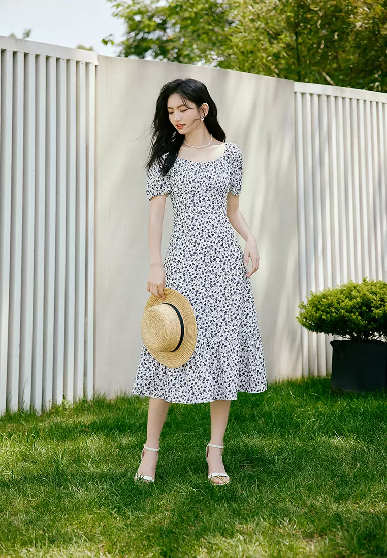 Puff Sleeve Square Neck Summer Floral Midi Dress