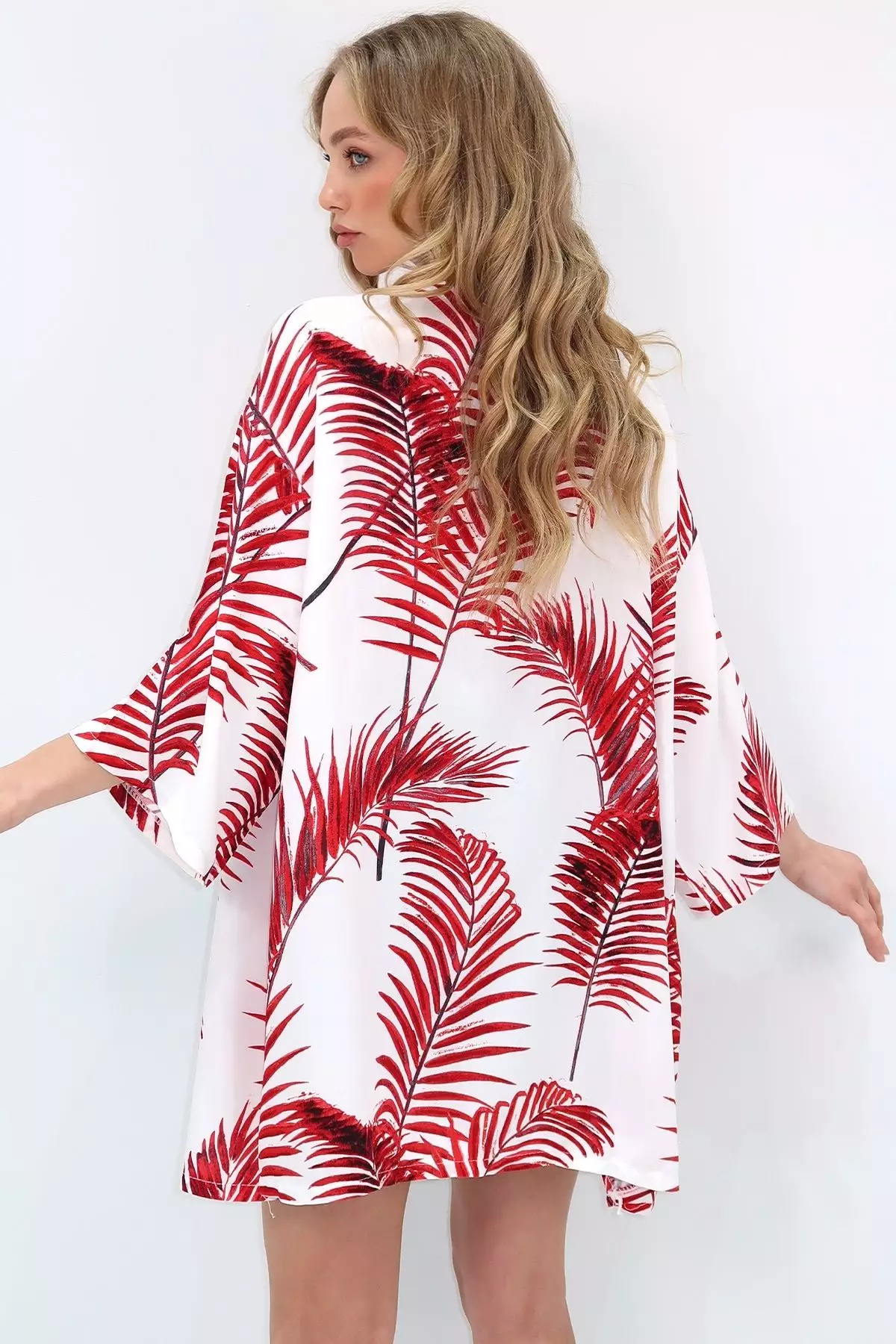 Women's Red Patterned Kimono Jacket
