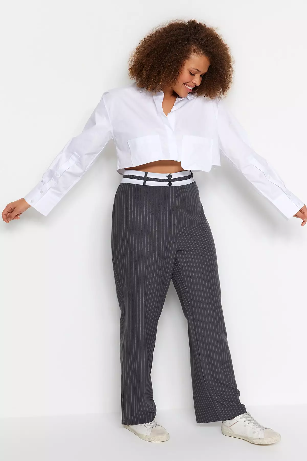 Plus Size Double Waist Stripe Trousers