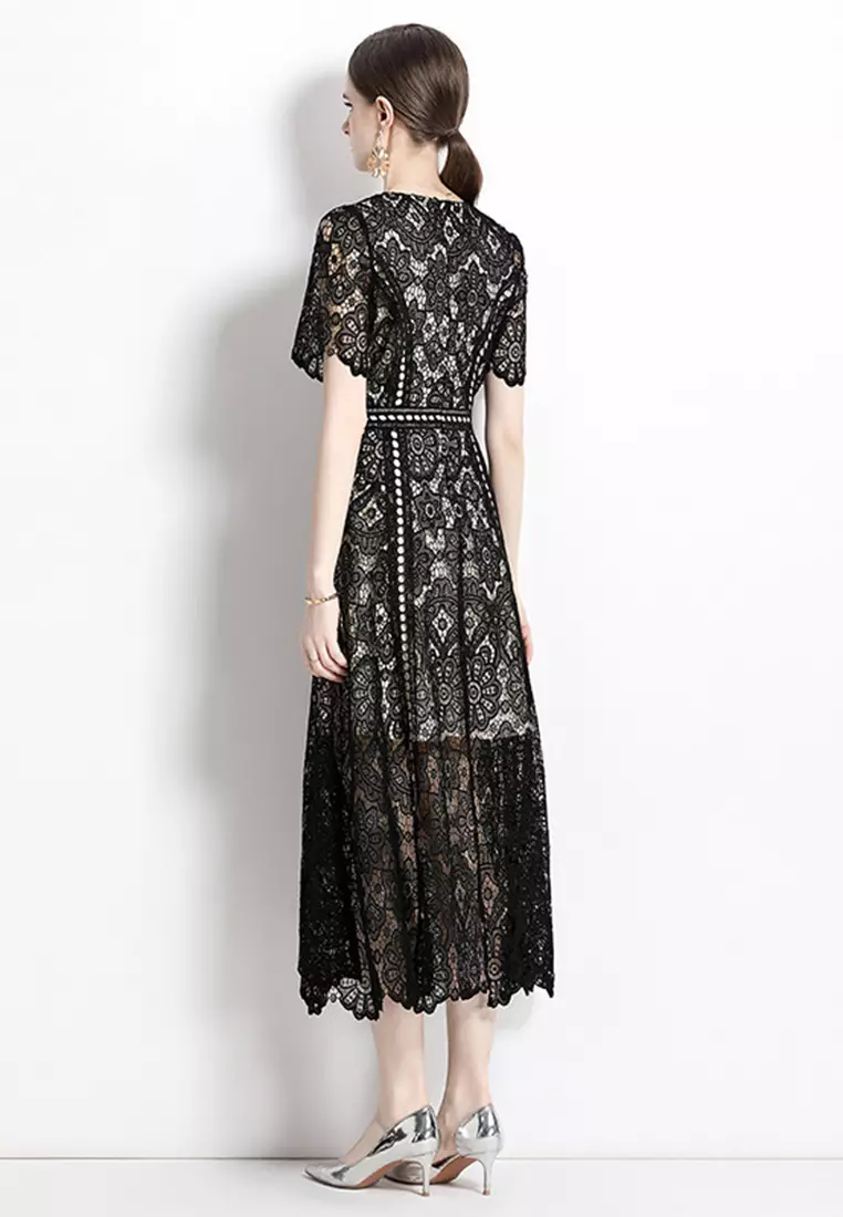 Buy Sunnydaysweety 2024 New Summer French-style Hollow Out Lace Dress ...