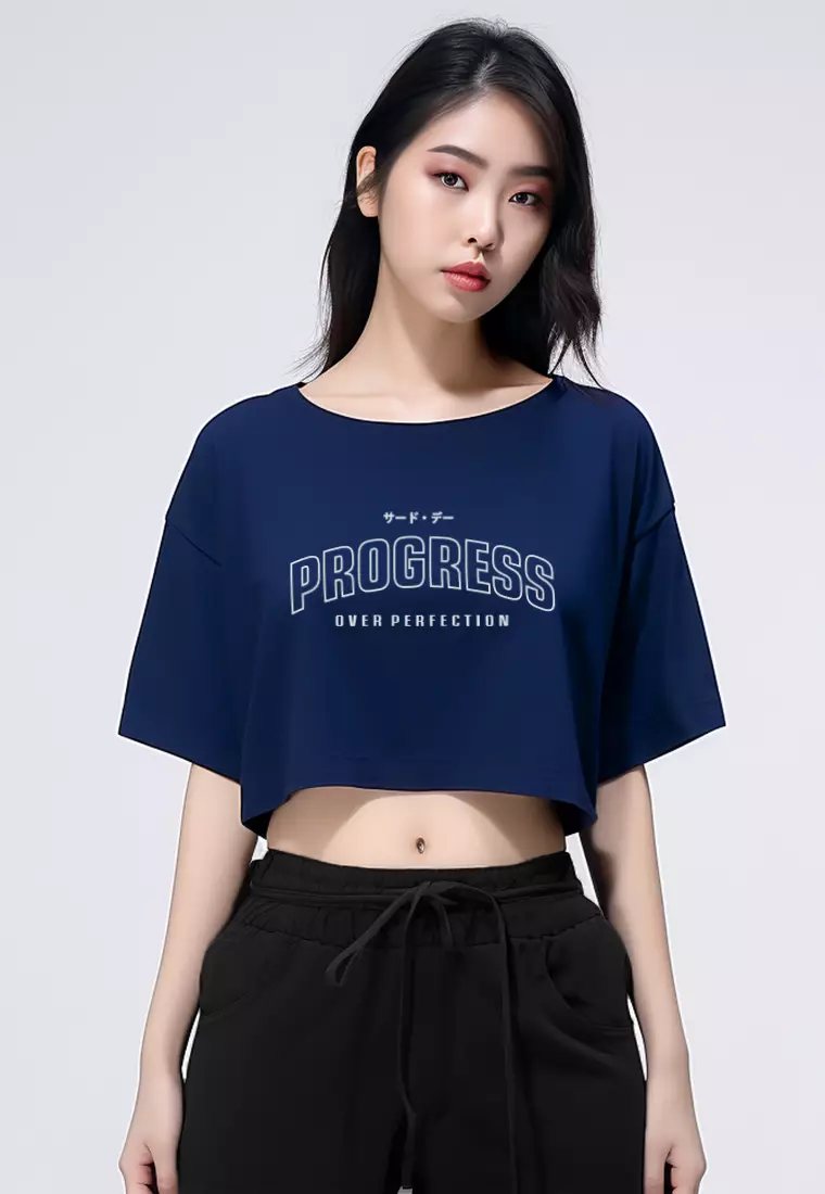 LTH09 Kaos Crop Top Wanita "progress" OLC navy
